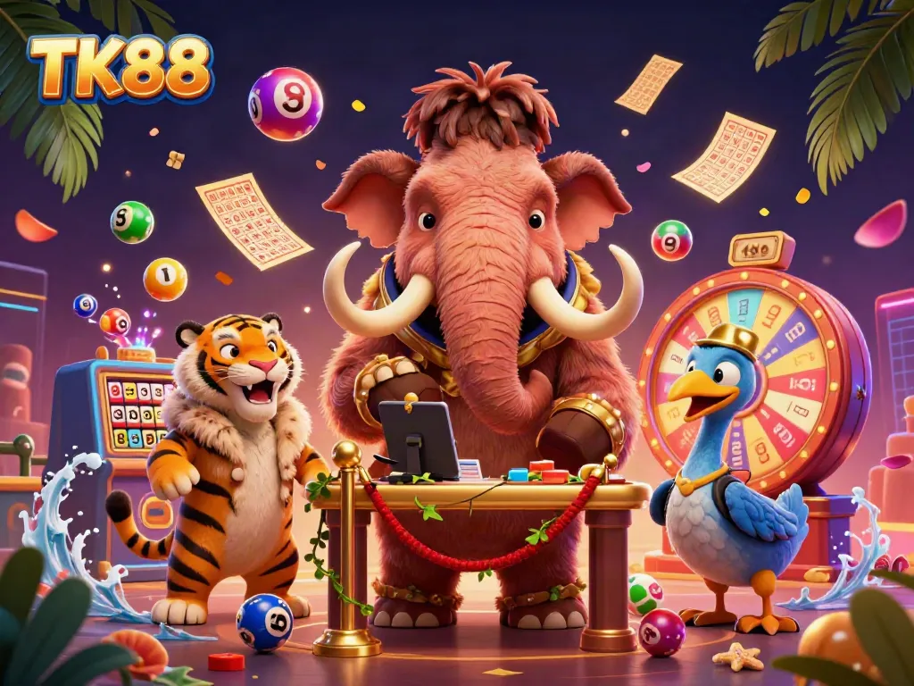 TK88 vibrant casino illustration featuring a woolly mammoth bouncer, saber-tooth tiger VIP, and dynamic lottery elements.