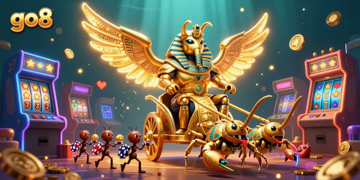 Experience thrilling action at go8 with the colossal golden scarab beetle amidst vibrant casino elements.
