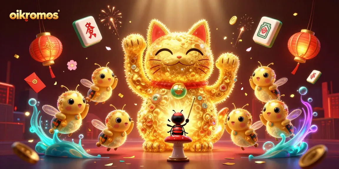 Experience the excitement at oikonomos with a vibrant casino-themed illustration featuring golden fireflies.