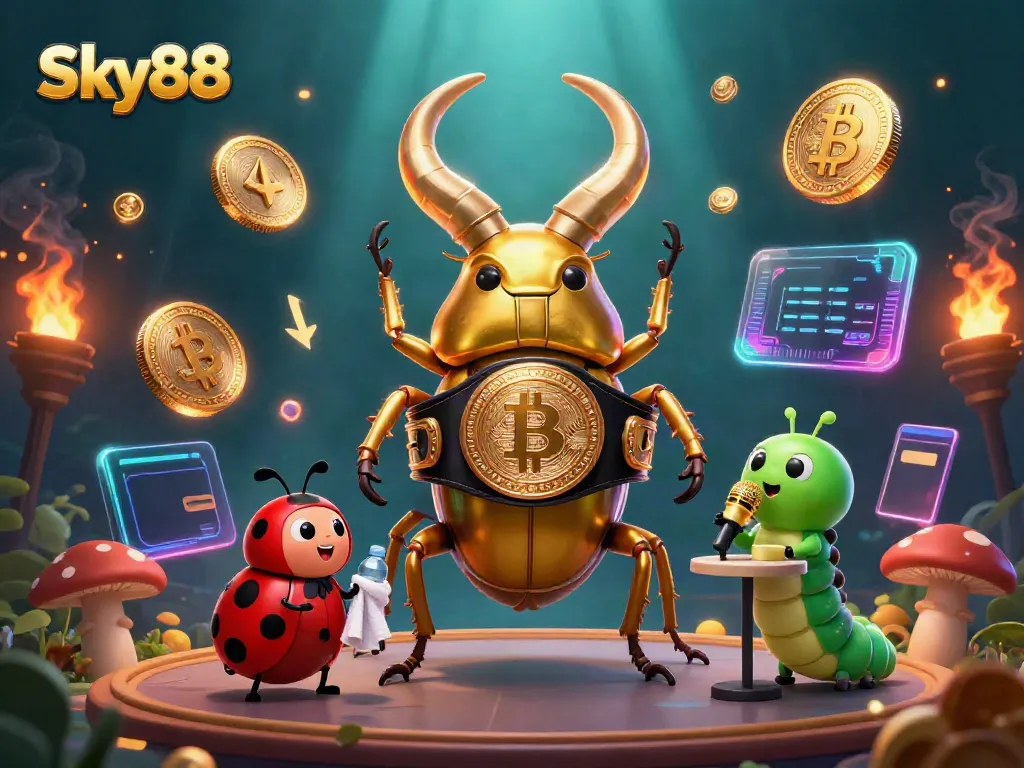 Engage with Sky88's thrilling gaming scene featuring a giant beetle and a caterpillar announcer.