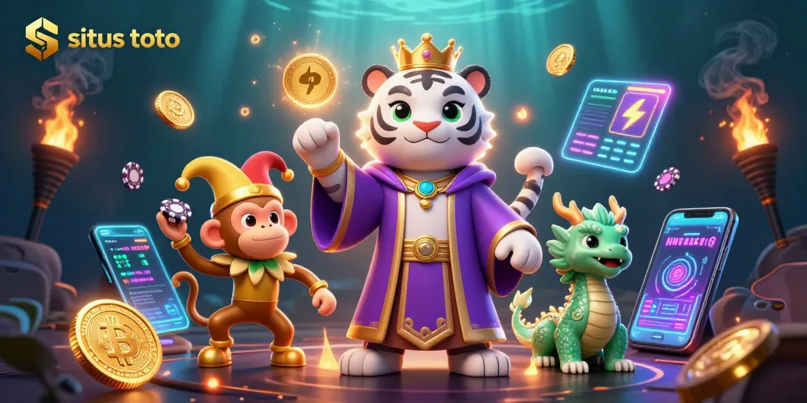 Playful scene featuring situs toto with a white tiger, monkey juggling chips, and a dragon.