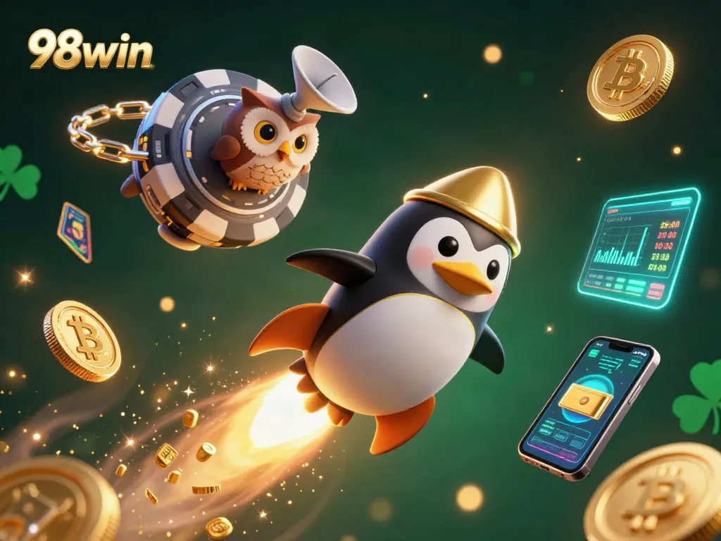 Experience the thrill of 98win casino games with an exciting 3D illustration of a golden penguin navigating towards a poker chip-shaped casino.