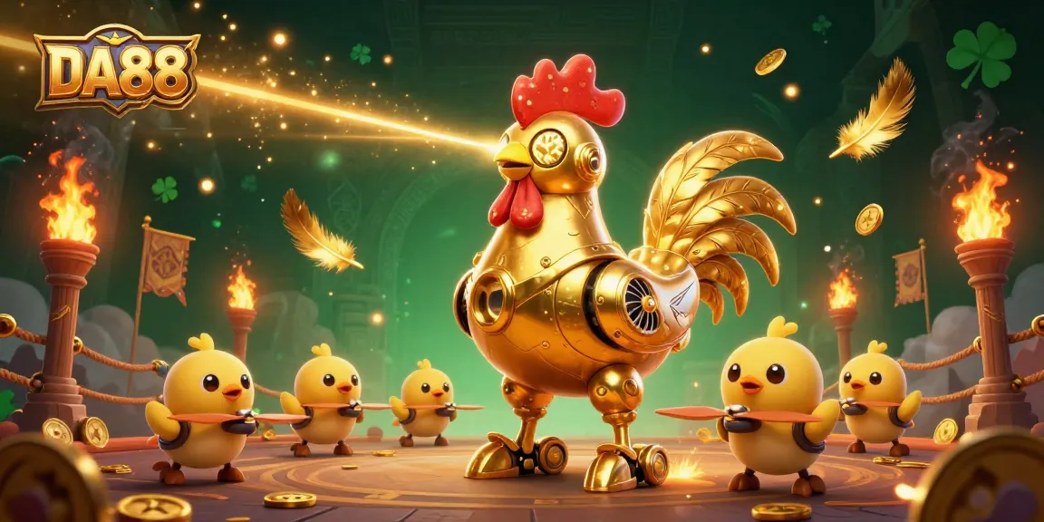 Engage with DA88 robot and chick drones in a dynamic casino atmosphere filled with gold coins and ember particles.
