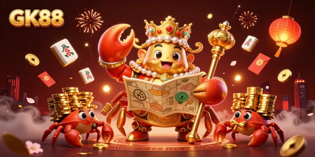 Experience the thrilling GK88 casino atmosphere with a majestic crab emperor and gold treasures.