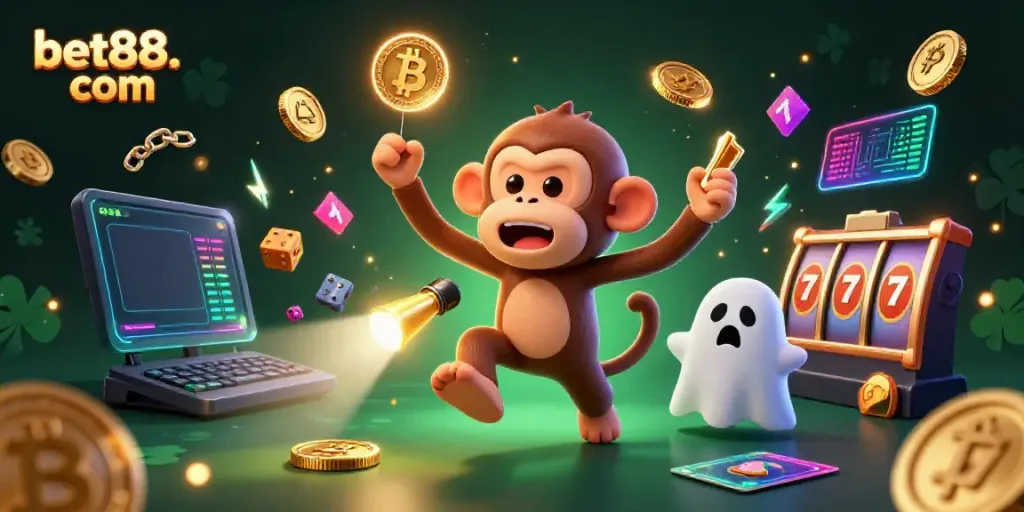 Engage with the lively casino scene showcasing bet88. com with a magical monkey and ghost-hunter puppy amidst vibrant gaming elements.