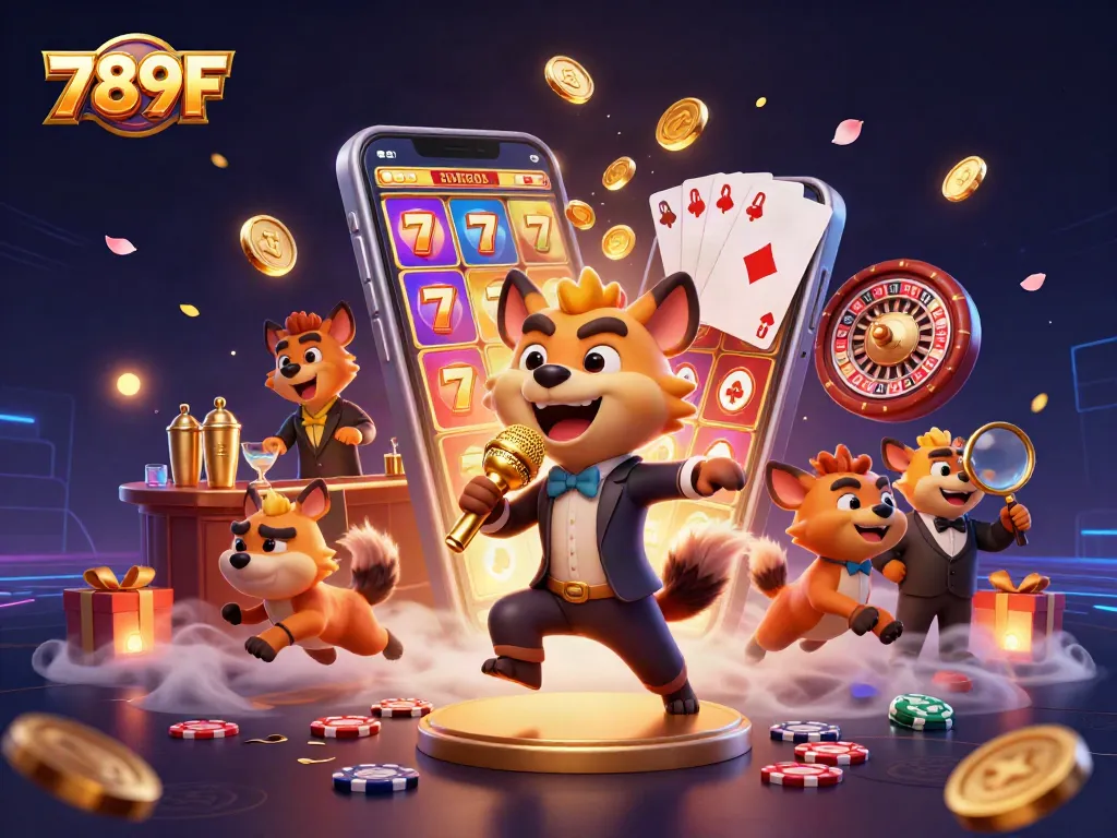 789F hyena comedians light up the casino as they tell jokes and serve drinks in a vibrant scene.