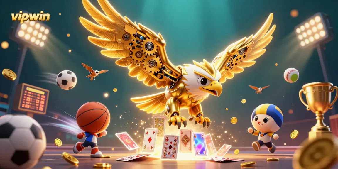 Experience thrilling gameplay at vipwin with a vibrant illustration of a cybernetic golden eagle amidst dynamic sports elements.