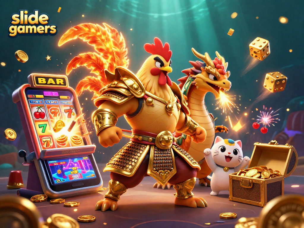 Engage with slidegamers in this thrilling 3D illustration showcasing vibrant casino characters and dynamic gaming elements.