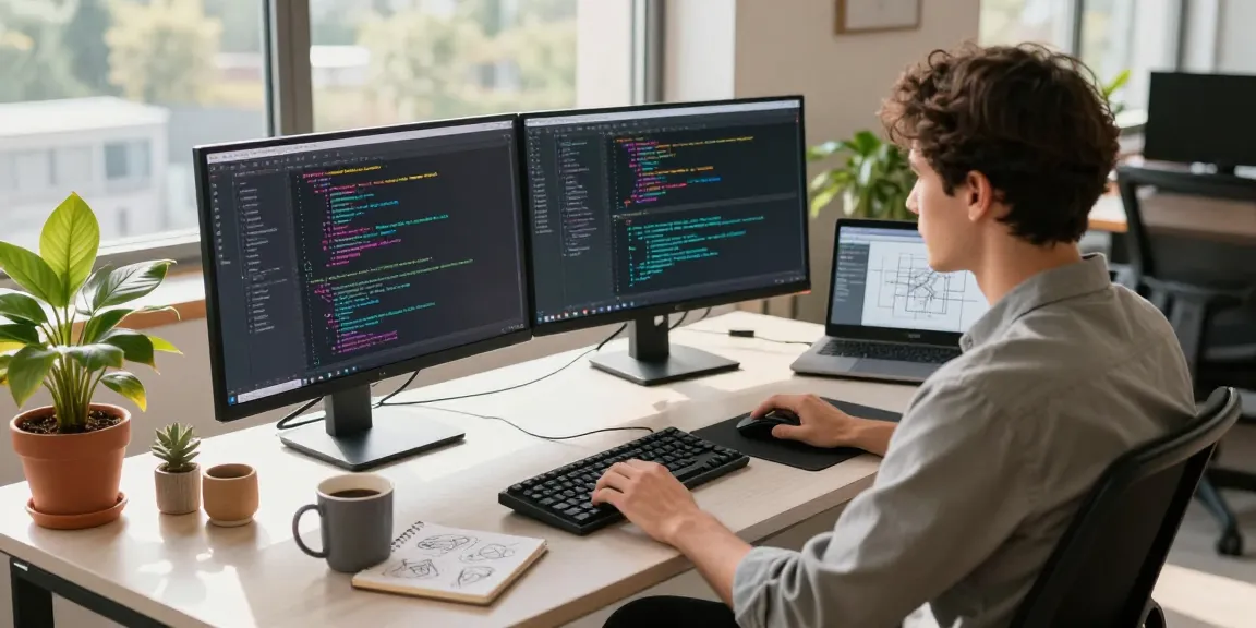 Innovative tech workspace with a developer coding on dual monitors, showcasing hot ai tools in action