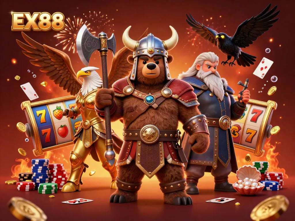 Spin the reels with EX88 in this dynamic casino adventure illustration featuring vibrant characters and gold.