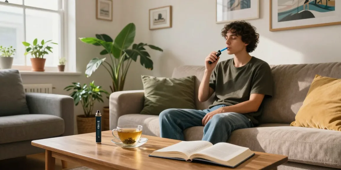 strong thc vapes uk presented in a cozy urban setting with a stylish vape pen, emphasizing natural wellness and relaxation.