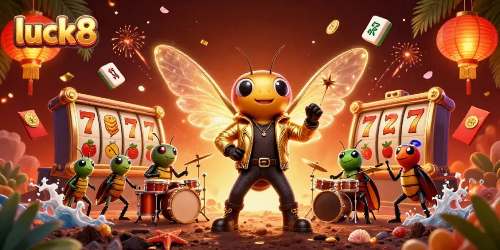 Experience luck8's vibrant casino world with a rock star cicada and colorful game elements swirling around.