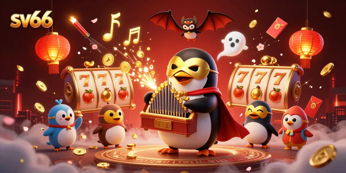 Engaging sv66 slots scene featuring a penguin playing an organ with coins, amidst vibrant casino elements.