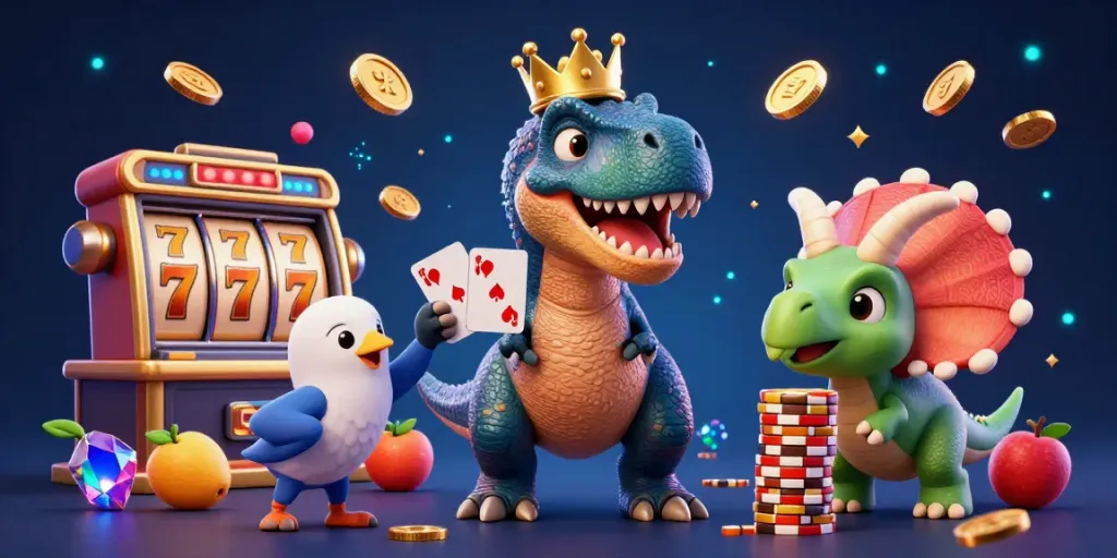 Experience dynamic casino action with 789WIN featuring a cartoon T-Rex shuffling cards and a triceratops stacking chips.