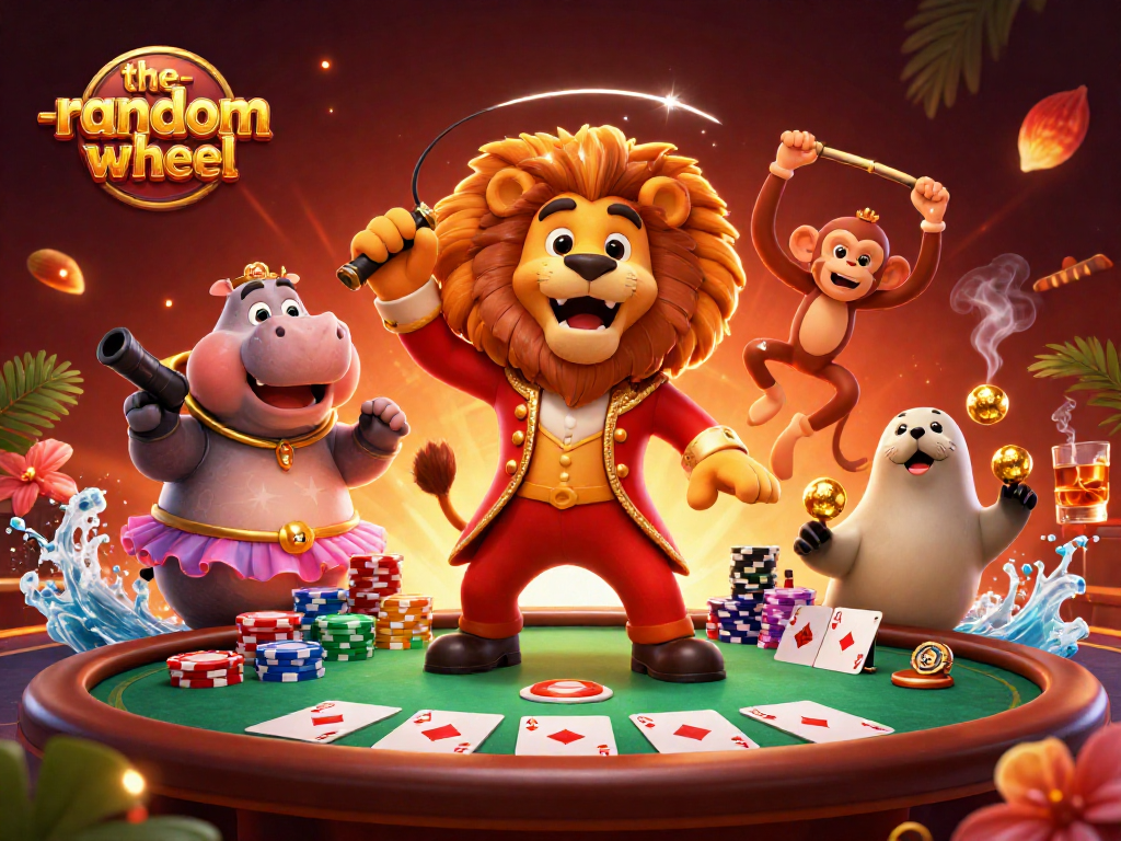 The-random-wheel showcases a vibrant scene with cartoon characters at a lively poker table, creating excitement for players.