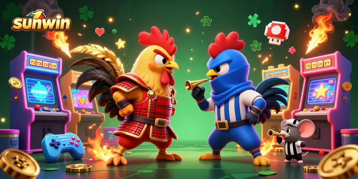 Engage in vibrant gameplay with sunwin as fighting roosters clash amidst arcade machines and casino elements.