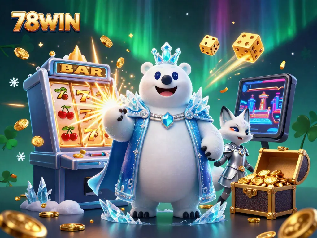Experience the excitement of 78WIN with a vibrant 3D casino scene featuring a polar bear and snow fox amidst gambling symbols.