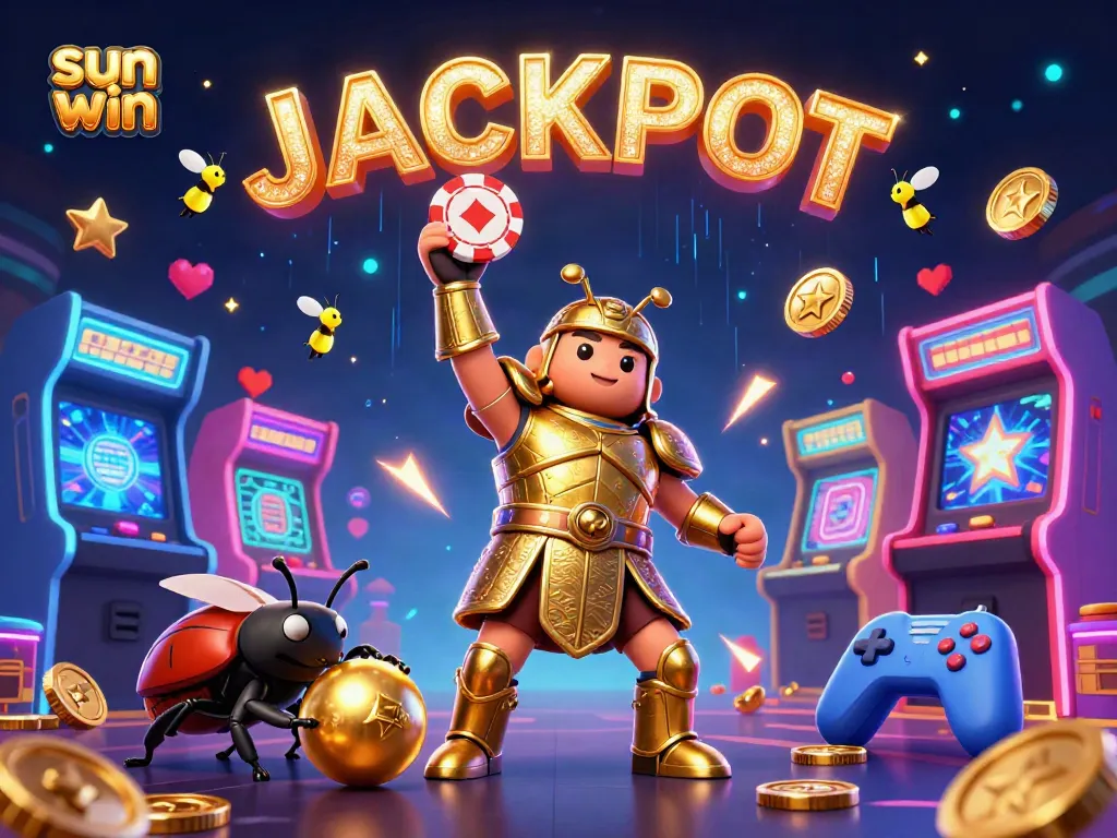 Engage with sun win in this vibrant visual of a heroic beetle celebrating a jackpot win at the casino.