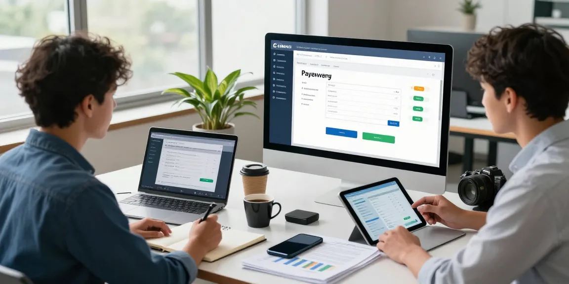 Engaging team demonstrating an online payment gateway in a modern office.