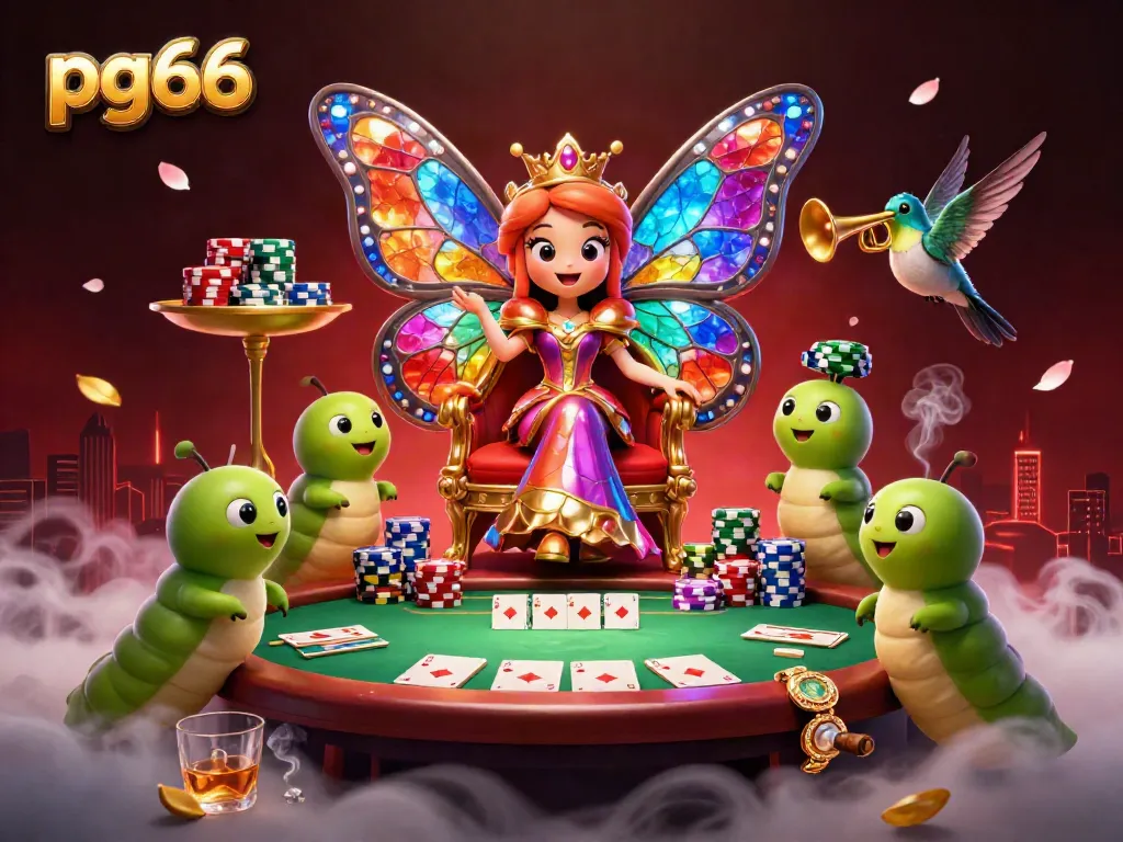 Experience the vibrant world of pg66 with a 3D butterfly queen and poker scene, blending fantasy and gaming.