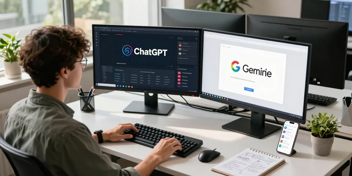 Innovative tech workspace showcasing ChatGPT alternatives with developer at desk in modern office setting.