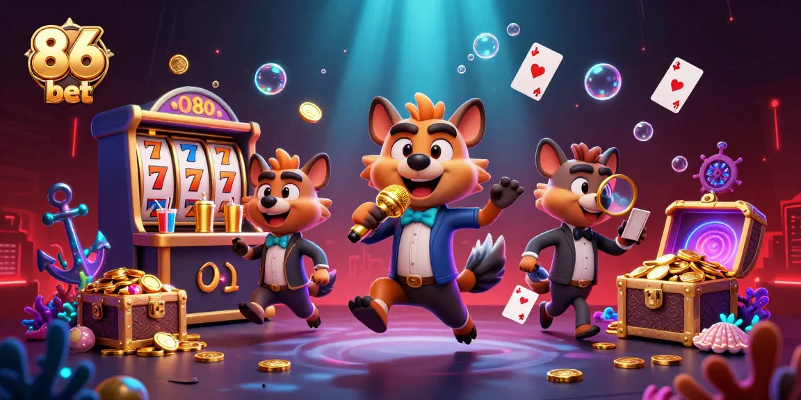 Experience the excitement of 86 bet with lively hyena characters at a vibrant casino scene.