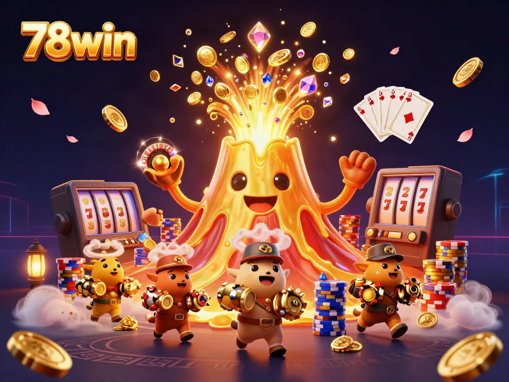 Engage with the vibrant treasures of 78win’s casino adventures, featuring golden volcanoes and coins.