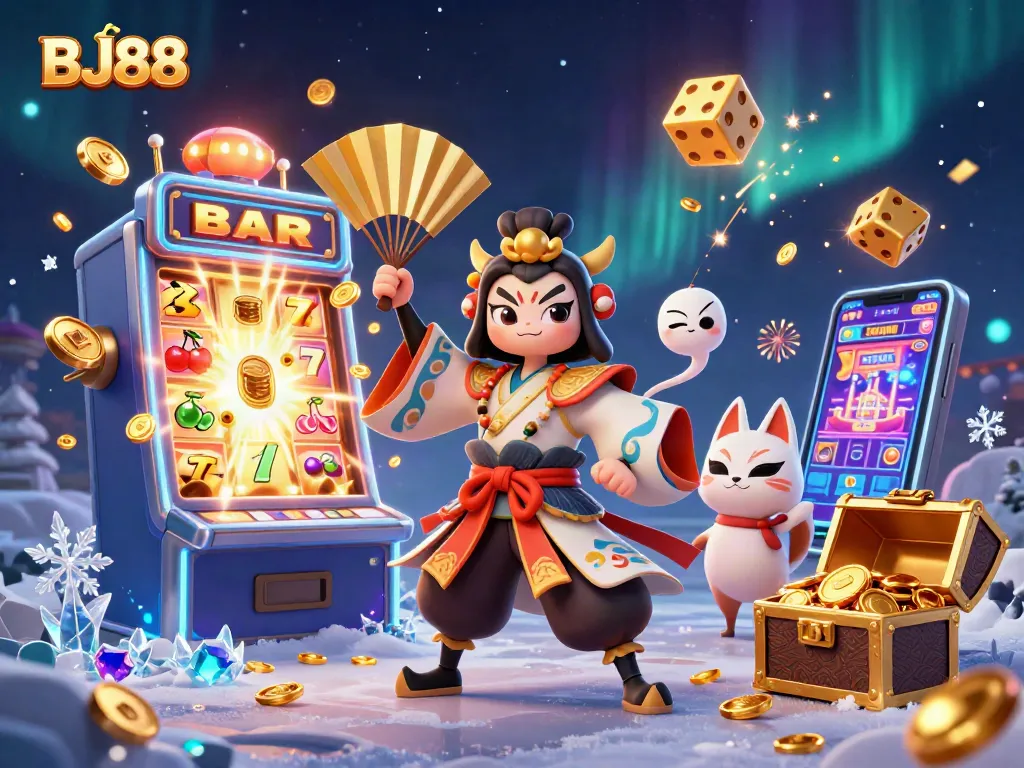 Experience the vibrant world of BJ88 with dynamic casino elements including a warrior and winning jackpots.
