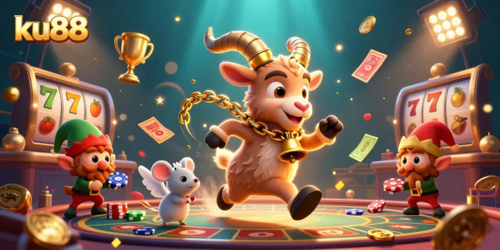Capture the excitement of ku88 casino with Krampus and playful characters in a dynamic setting.