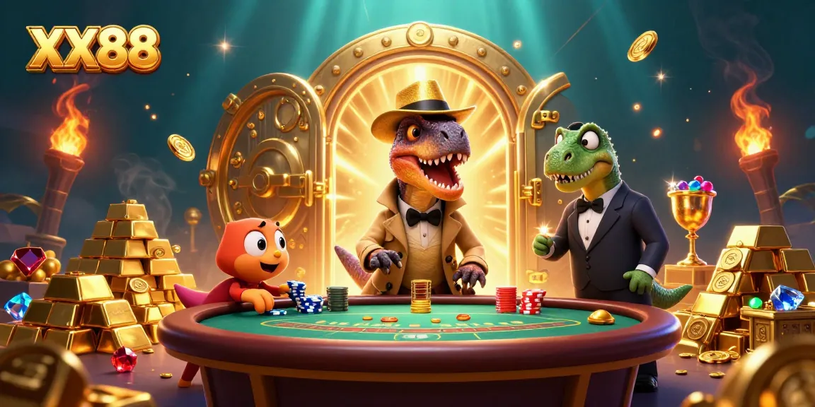 Win big with XX88 at a blackjack table featuring a velociraptor card counter and exciting casino elements.