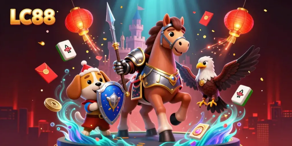 Engage in the world of LC88 with an action-packed scene of casino-themed knights and vibrant gaming elements.