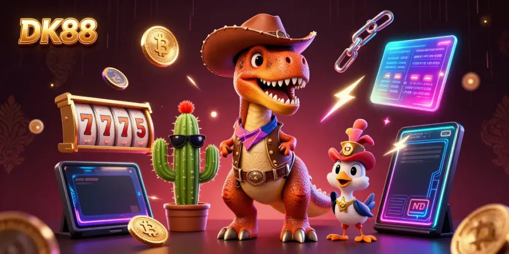 Play thrilling slots at DK88 with a vibrant 3D illustration featuring colorful characters and dynamic elements.