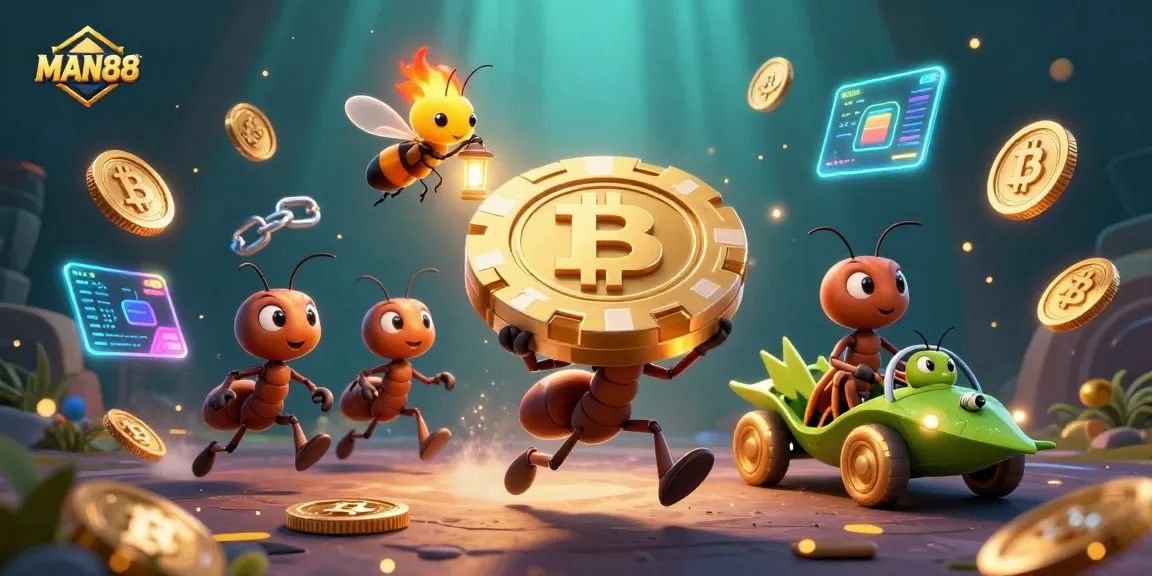 Join the fun at MAN88, where playful ants orchestrate a grand casino heist with poker chips!