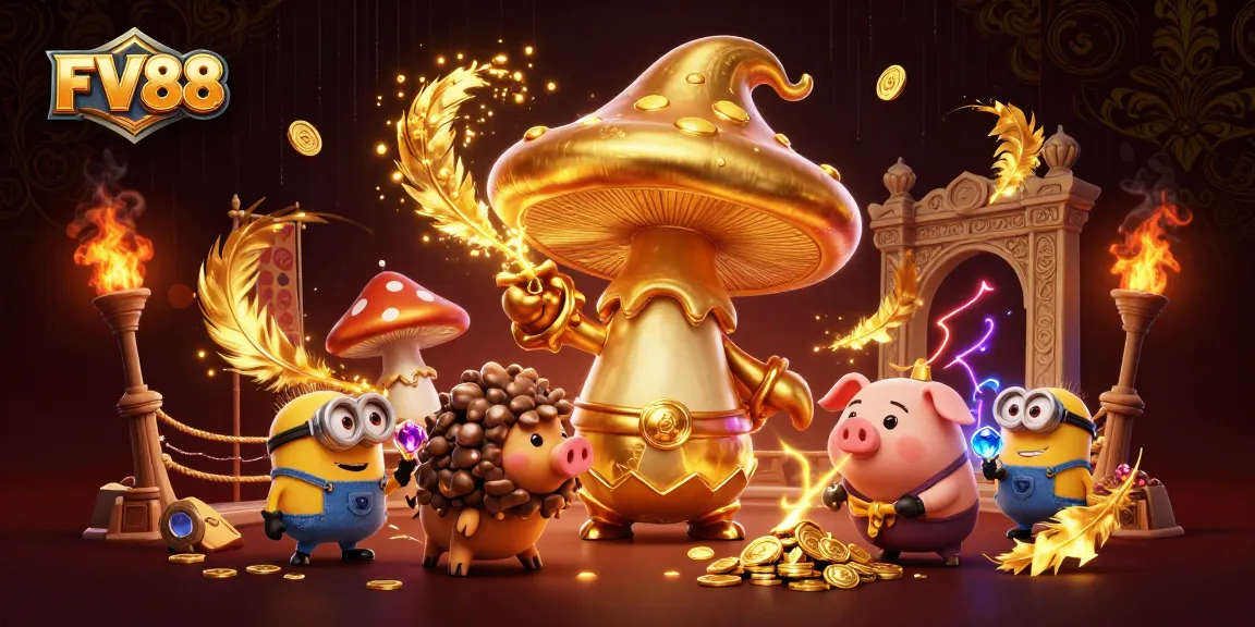 Engage in thrilling adventures at FV88 as the golden mushroom wizard discovers treasures in this enchanting casino world.