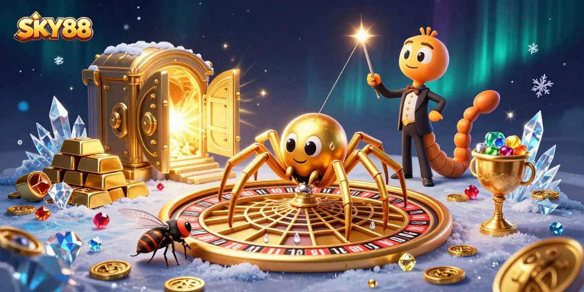 SKY88 showcases a daring fly betting near a roulette web spun by a golden spider.