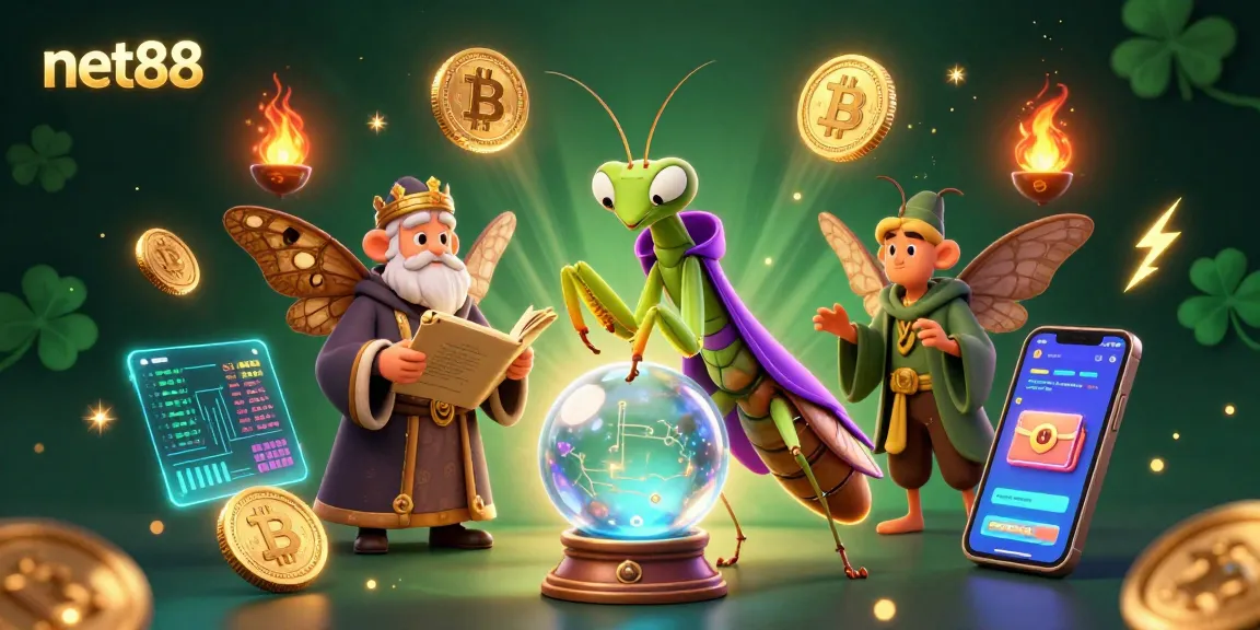 Engage with net88's vibrant betting scene featuring a mystical fortune teller and crypto elements.
