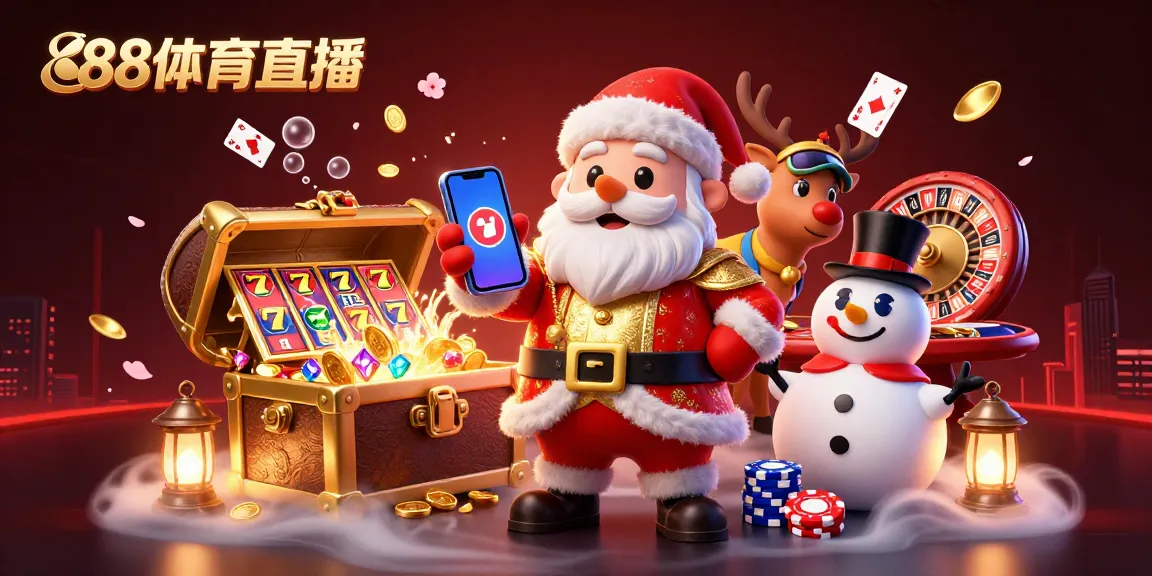 Engage with 88体育直播 through a vibrant casino scene featuring Santa Claus and festive characters amidst slots and cheering elements.