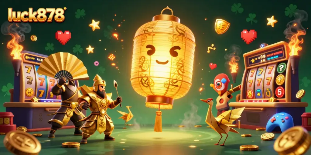 Experience the exciting world of luck878 in a vibrant casino setting with glowing symbols and dynamic characters.