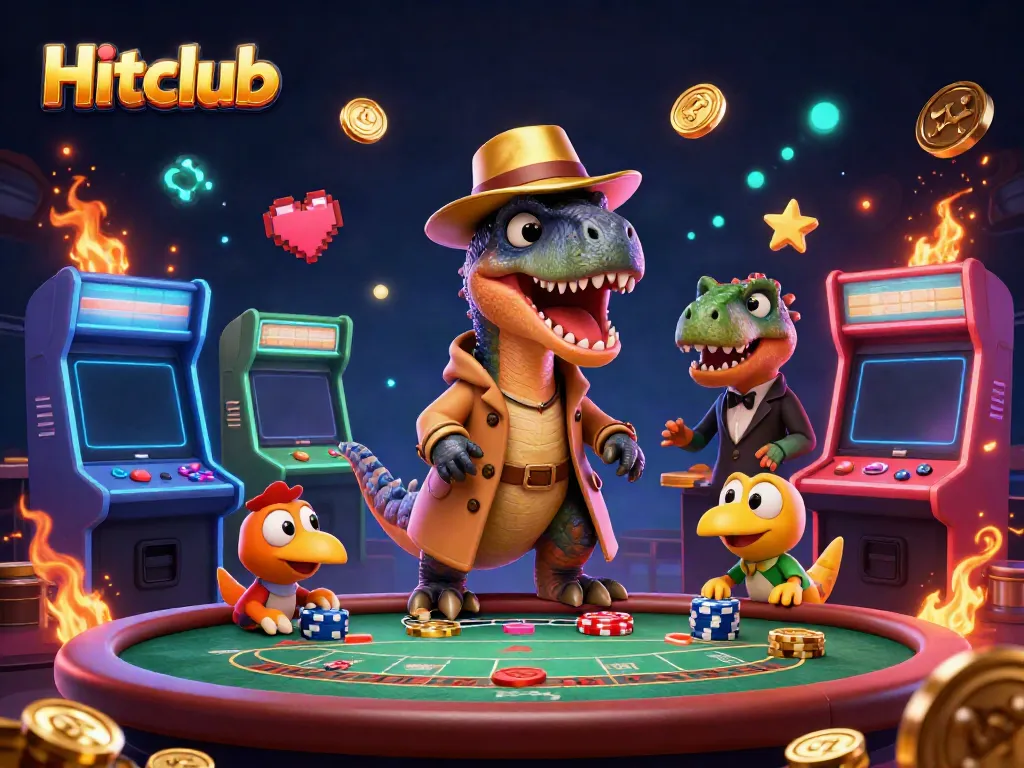 Experience Hitclub's vibrant casino adventure with a cartoon velociraptor at a blackjack table.