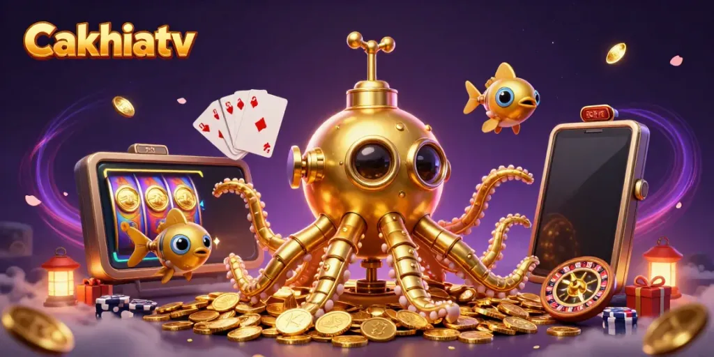 Cakhiatv showcases a vibrant 3D scene with a golden kraken submarine surrounded by dynamic gaming elements.