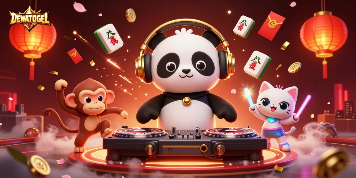 Engage with DEWATOGEL's vibrant casino scene featuring lucky symbols and characters celebrating wins!