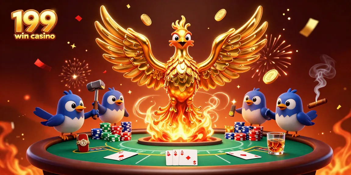 Experience the thrill of 199 win casino with a dynamic 3D golden phoenix and poker elements.