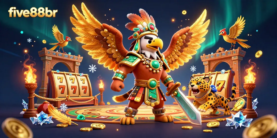 Engage with five88br's vibrant casino scene, featuring Aztec warriors amidst swirling gold and slot machines.