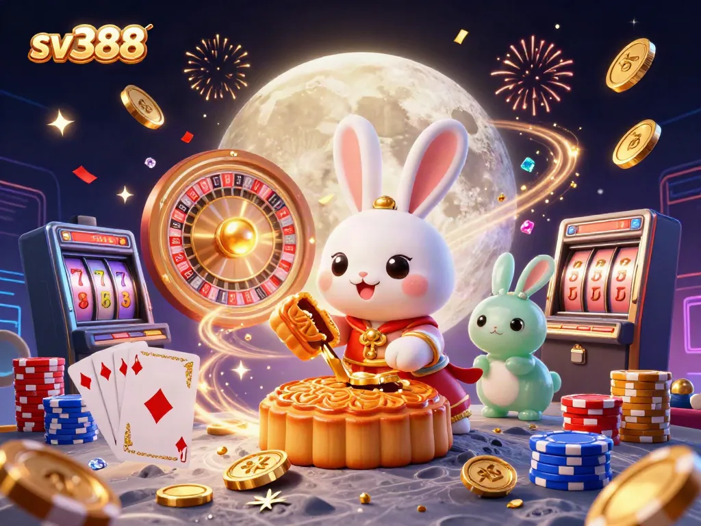Experience the thrill of sv388 with a moon rabbit pounding mooncakes revealing poker chips amidst gambling elements.
