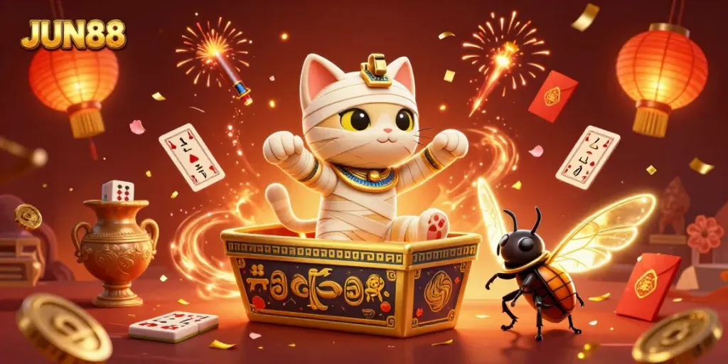 Experience thrilling gameplay with JUN88 in this vibrant 3D illustration featuring lively casino elements and characters.