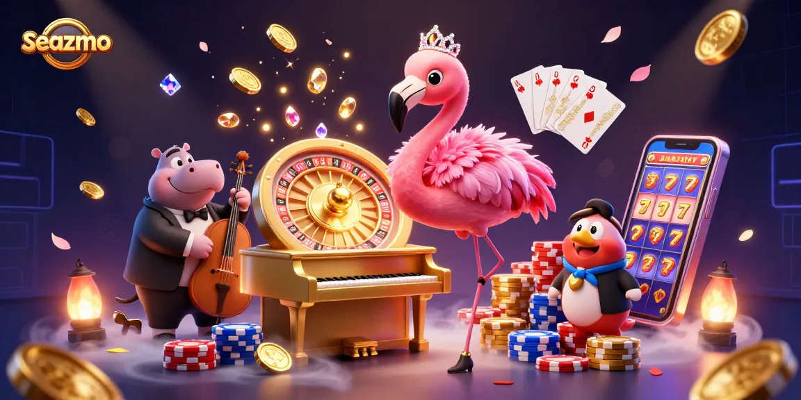 Seazmo showcases a vibrant casino scene with a flamingo singer, hippo bassist, and dynamic gambling elements.