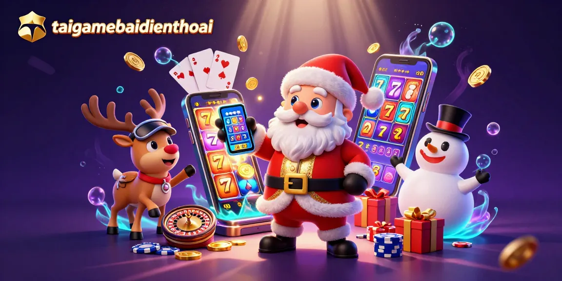 Celebrate wins with taigamebaidienthoai, featuring Santa and a vibrant casino scene.