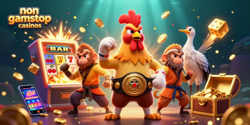 Engage with top non gamstop casinos through vibrant gaming elements in a 3D illustration.