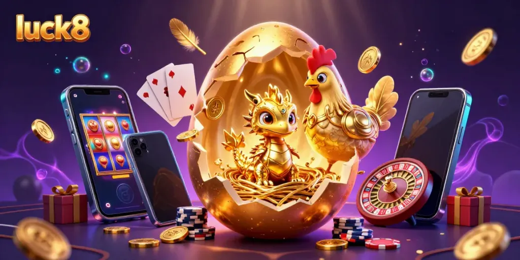 Experience luck8's thrilling jackpot chase with a golden dragon and poker chips in this vibrant casino scene.