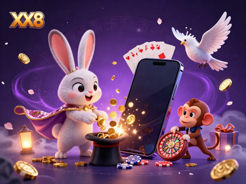 Experience the magic of online gaming with XX8's vibrant casino scene featuring playful characters and dazzling effects.